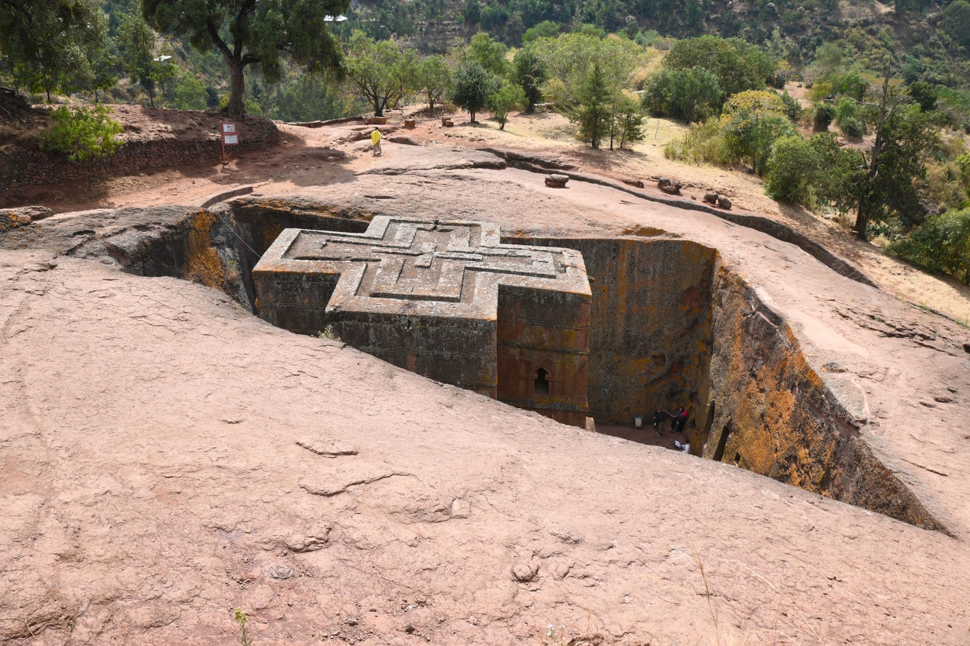 Aerial view of the rock-hewn Church of Saint George, Bete Giyorgis, carved into the ground at Lalibela, Ethiopia